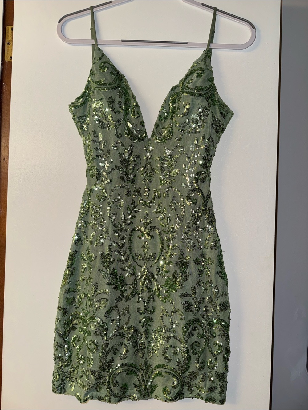 Prom Homecoming Wedding Formal Olive Green Sequin Embellished Slip Dress Medium